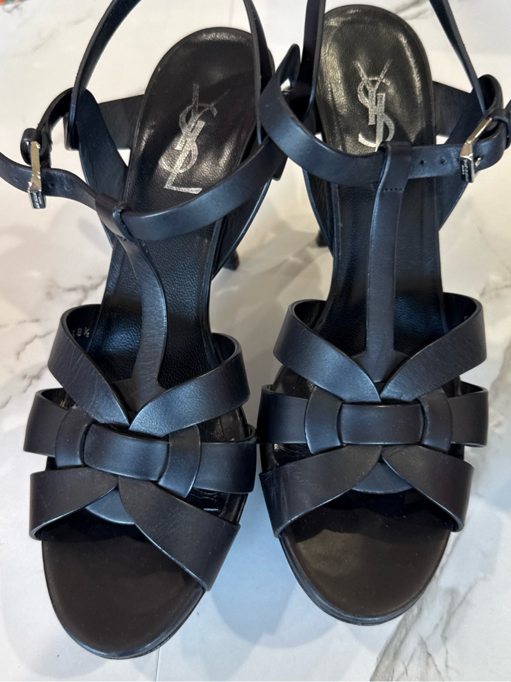Saint Laurent Black Leather Knotted T-Strap Heels